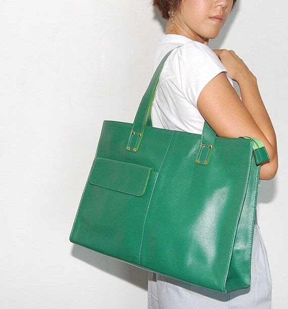Work n Play in Kelly Green - Stylish Leather Tote and Laptop Bag CLOSING SALE LAST ONE