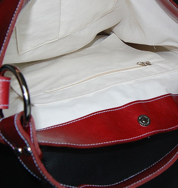 red leather tote bag