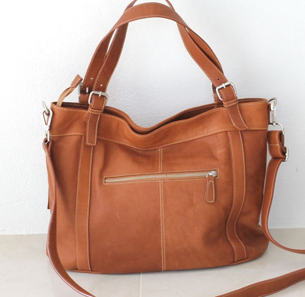 leather messenger tote - Caramel Brown Large Leather Shoulder Bag - Can Be Worn Across the Chest EXPRESS SHIPPING Last One