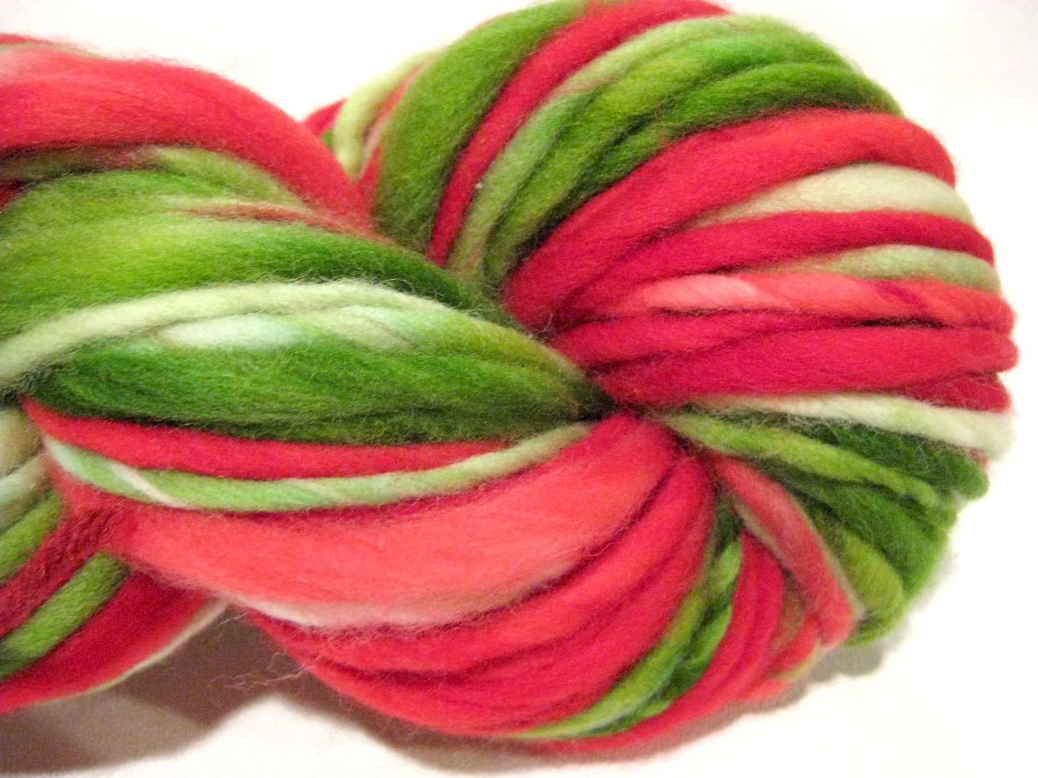 handspun yarn Pines N Holly II thick and thin bulky singles merino yarn, over 70 yards, hand dyed merino wool top