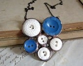 Blue and White Retro Button Bib Necklace Jewelry