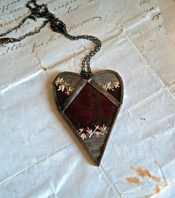 Reserved for Sara   Remembered Valentine Crazy Quilt Heart Necklace
