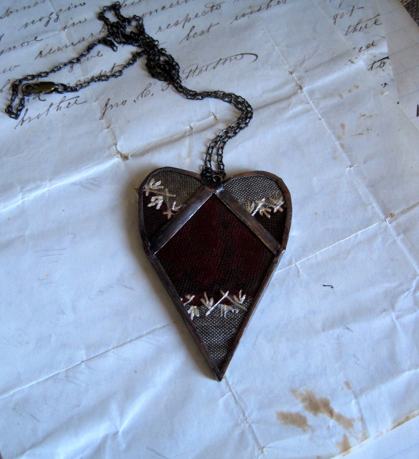Reserved for Sara   Remembered Valentine Crazy Quilt Heart Necklace