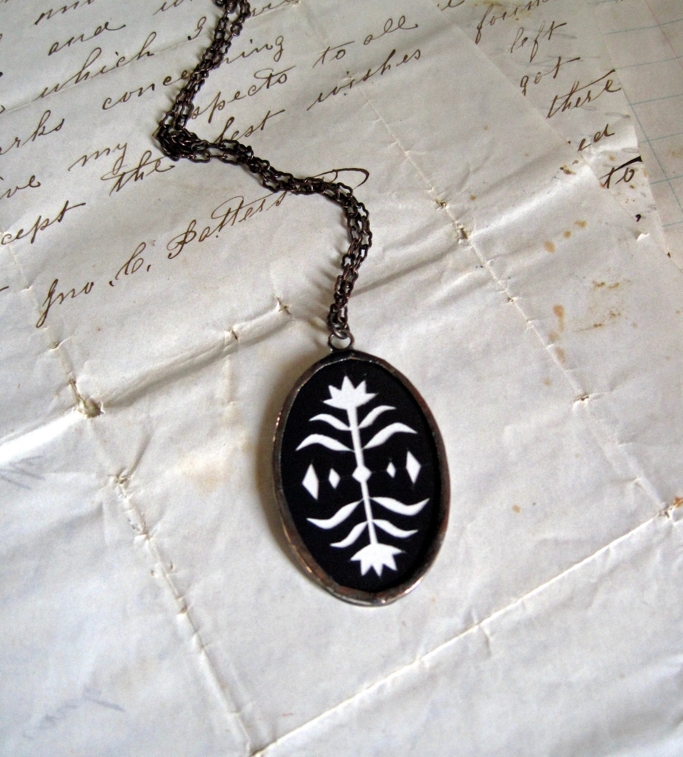 Folk Art Flower Silhouette Necklace Jewelry Black White