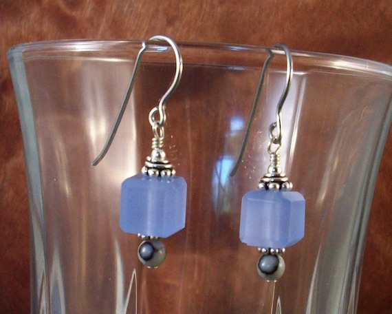 Dusk Blue Quartz Faceted Cube Earrings in Sterling Silver