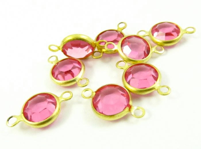 4  - 8mm Vintage Round Swarovski Stone in 2 Rings Brass Channel Links - Rose
