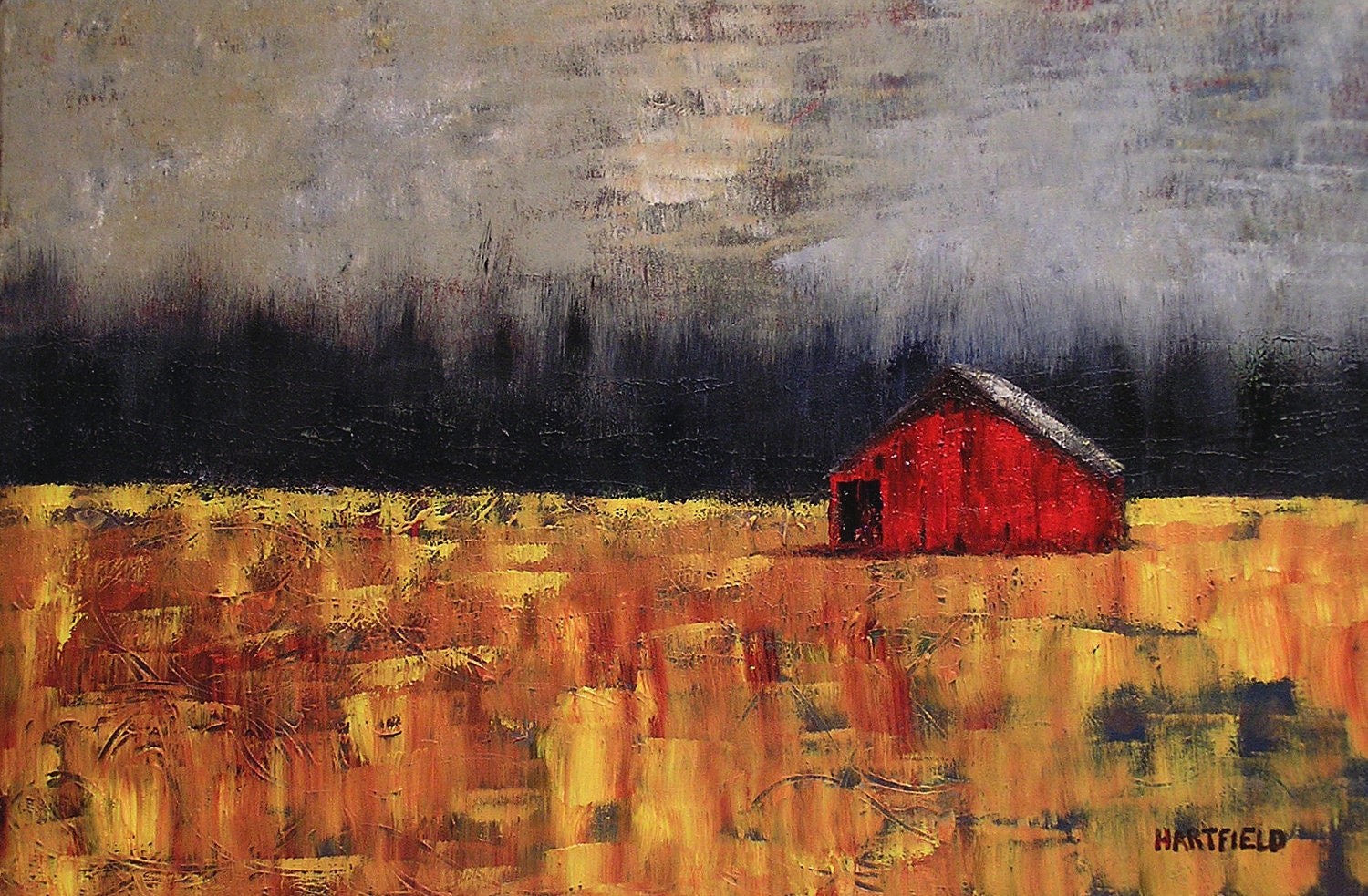 Red Barn, Golden Field  24 x 36 Original Acrylic painting on artist canvas