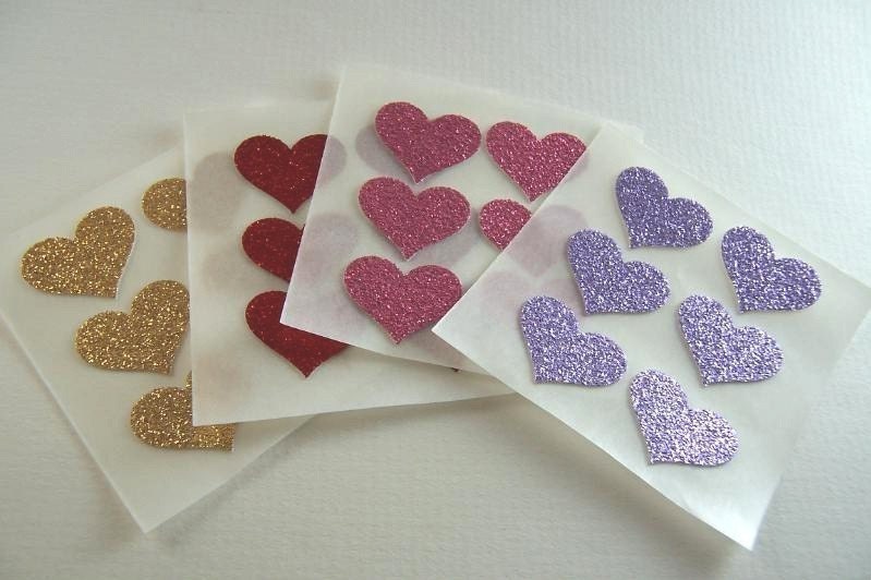 envelope seals - red, pink, lavender and gold glitter heart stickers - set of 24