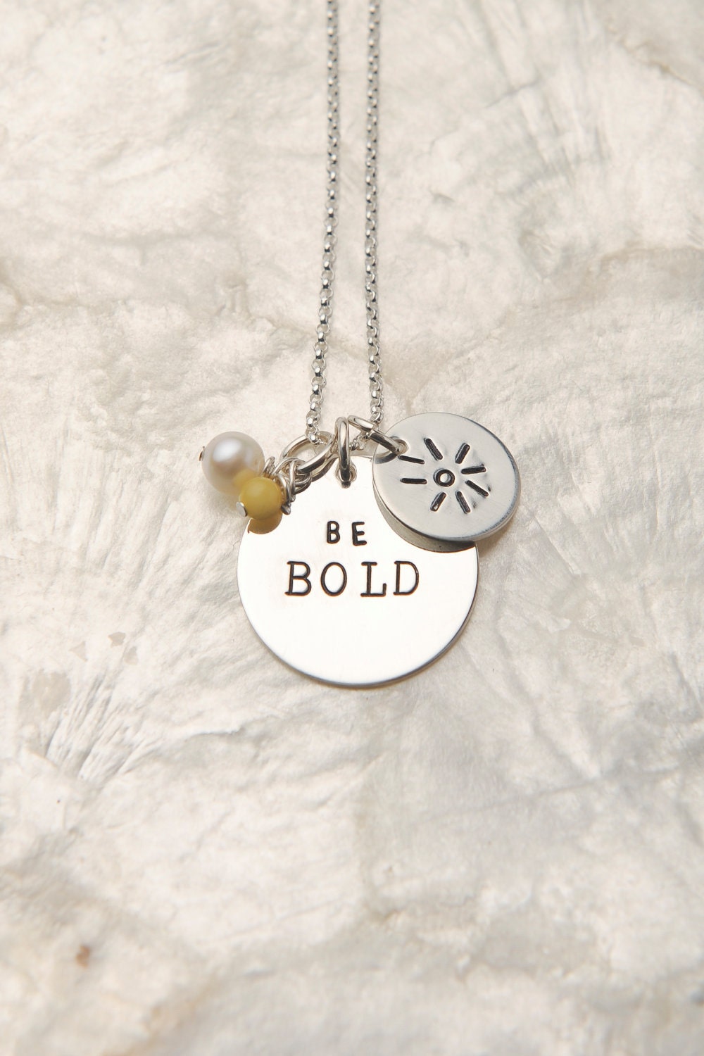 Be Bold, Be Bold Necklace, Strength Jewelry, Hand Stamped Sterling Silver Jewelry, Pearl and Yellow Necklace