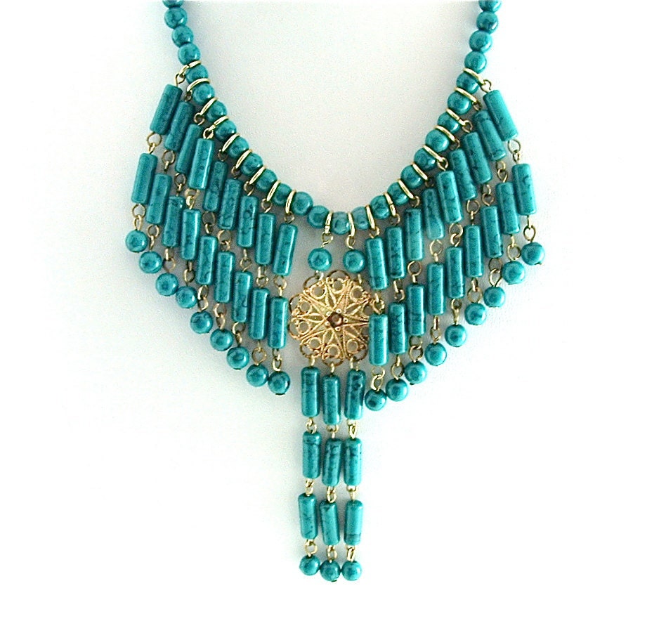 Beaded Fringe Bib Statement Necklace Vintage Jewelry Southwest Fashion Faux Turquoise Teal Collar Choker Necklace ((Free Shipping USA))