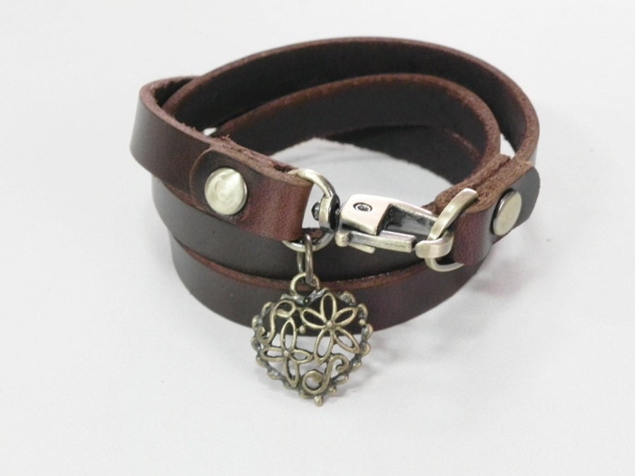 Leather Bracelet Leather Charm Bracelet Brown Color with Metal Filigree Heart Charm