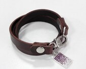 Leather Bracelet Leather Charm Bracelet Brown Color with Sterling Silver Crystal Charm