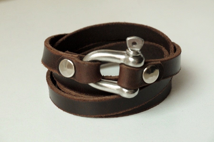 Leather Bracelet Leather Cuff Wrap Bracelet Brown Color with Stainless U Clasp
