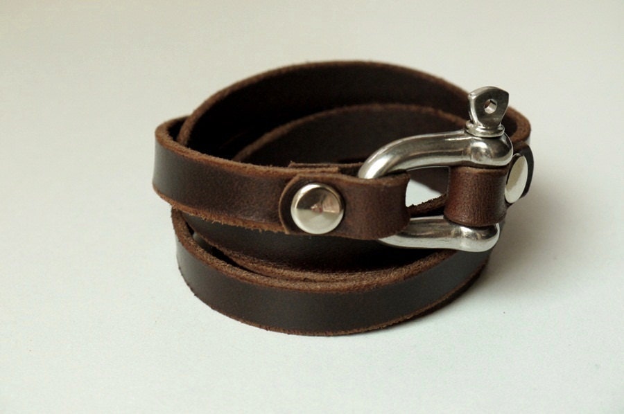 Leather Bracelet Leather Cuff Wrap Bracelet Brown Color with Stainless U Clasp