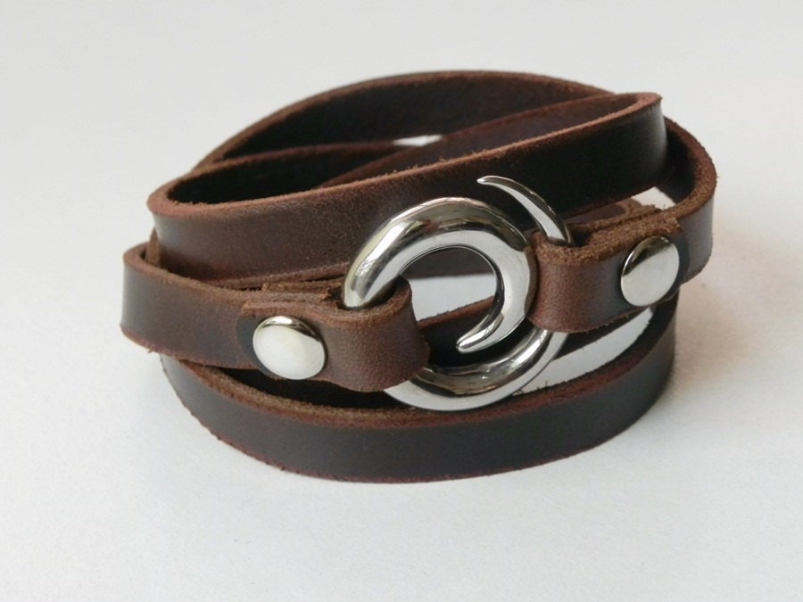 Leather Bracelet Leather Cuff Wrap Bracelet Brown Color with Stainless Swirl Clasp