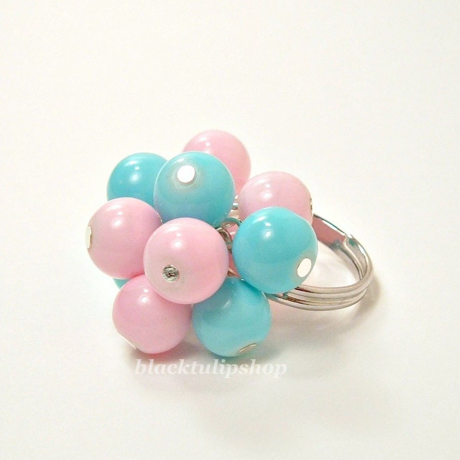 Kawaii Sweet Lolita Decora/Fairy Kei Retro Pastel Pink And Blue Glass Candy Bubble Gum Bauble Ring