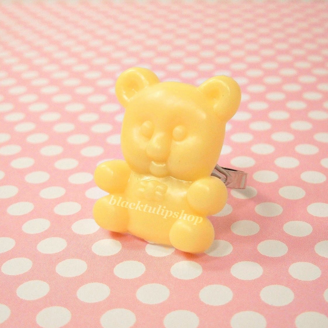 Kawaii Sweet Lolita/Decora Kei/Fairy Kei OTT Pastel Lemon Light YellowTeddy Bear And Bow Cabochon On Adjustable Ring