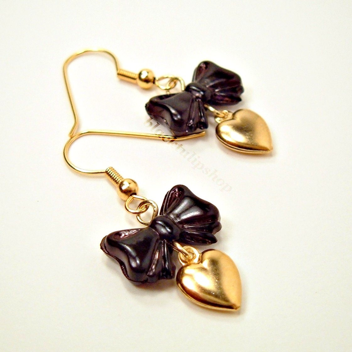 Kawaii Lolita Sweet Classic Black Bow With Gold Heart Dangle Earrings