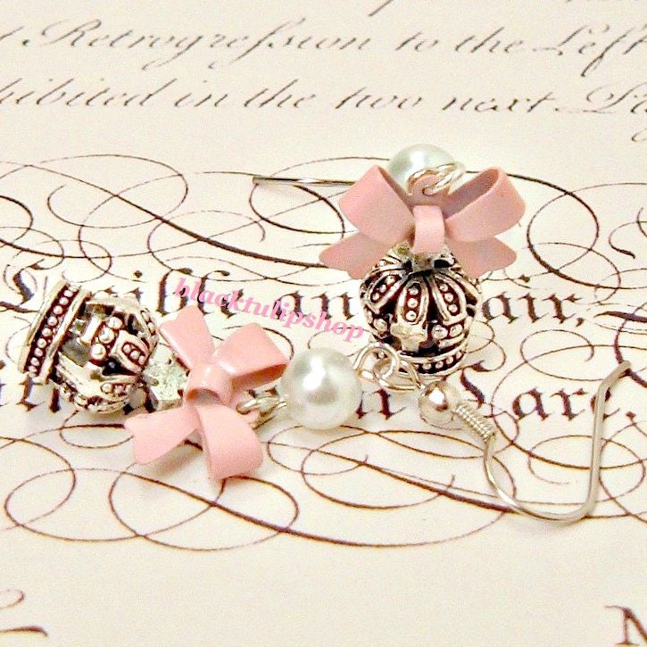 Sweet Lolita Earrings Princess Pink Bow Crown Pearl