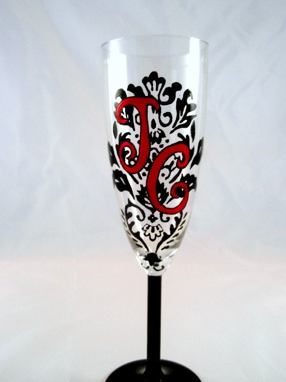 Personalized Monogram Hand Painted Damask Champagne Flutes / Wine Glasses