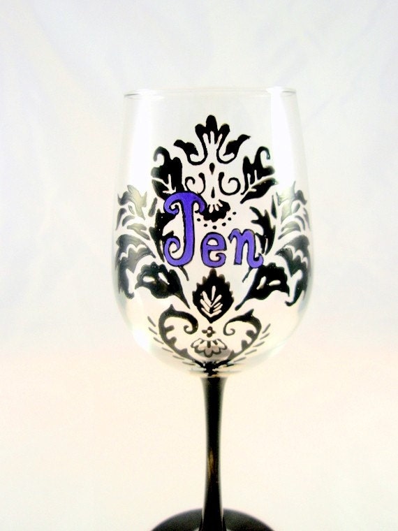 Personalized -Your Name- Hand Painted Damask Custom Wine Glass
