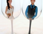 Wedding Couple Bride and Groom Hand Painted Wine Glasses - Custom Caricatures Handpainted to their likeness-  Unique Gift