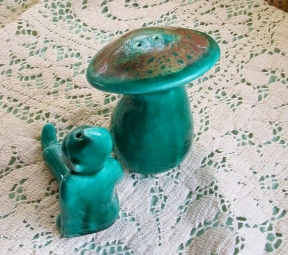 Decorative Ceramic Salt Shaker Set - Green Elf and Mushroom