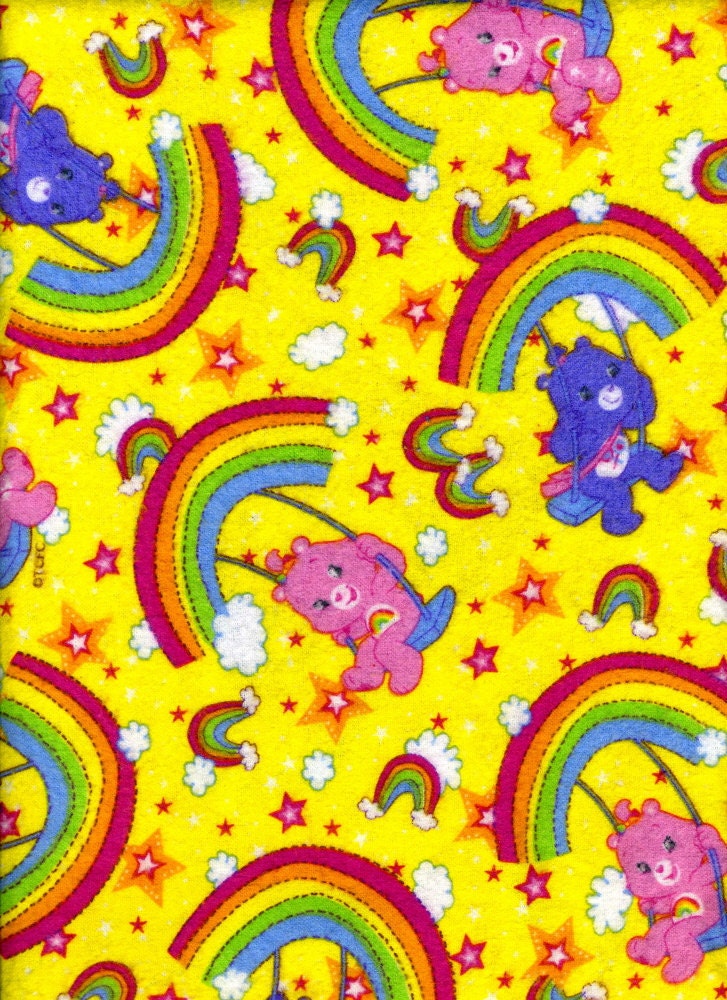Rainbows and Care Bear Toss on Yellow Flannel Fabric - Sold by the Yard
