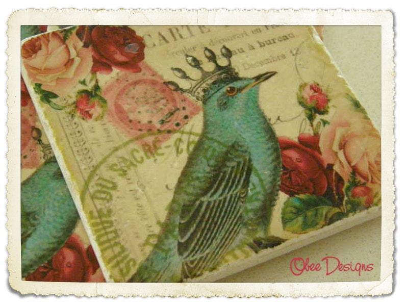 Set of 4 Vintage French Postcard with Roses, Postage Stamps and Crowned Blue Bird Images on Tumbled MarbleTile Coasters