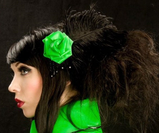 Facinator Custom Latex Rose Flower Barrette With Ostrich Feather and Beads
