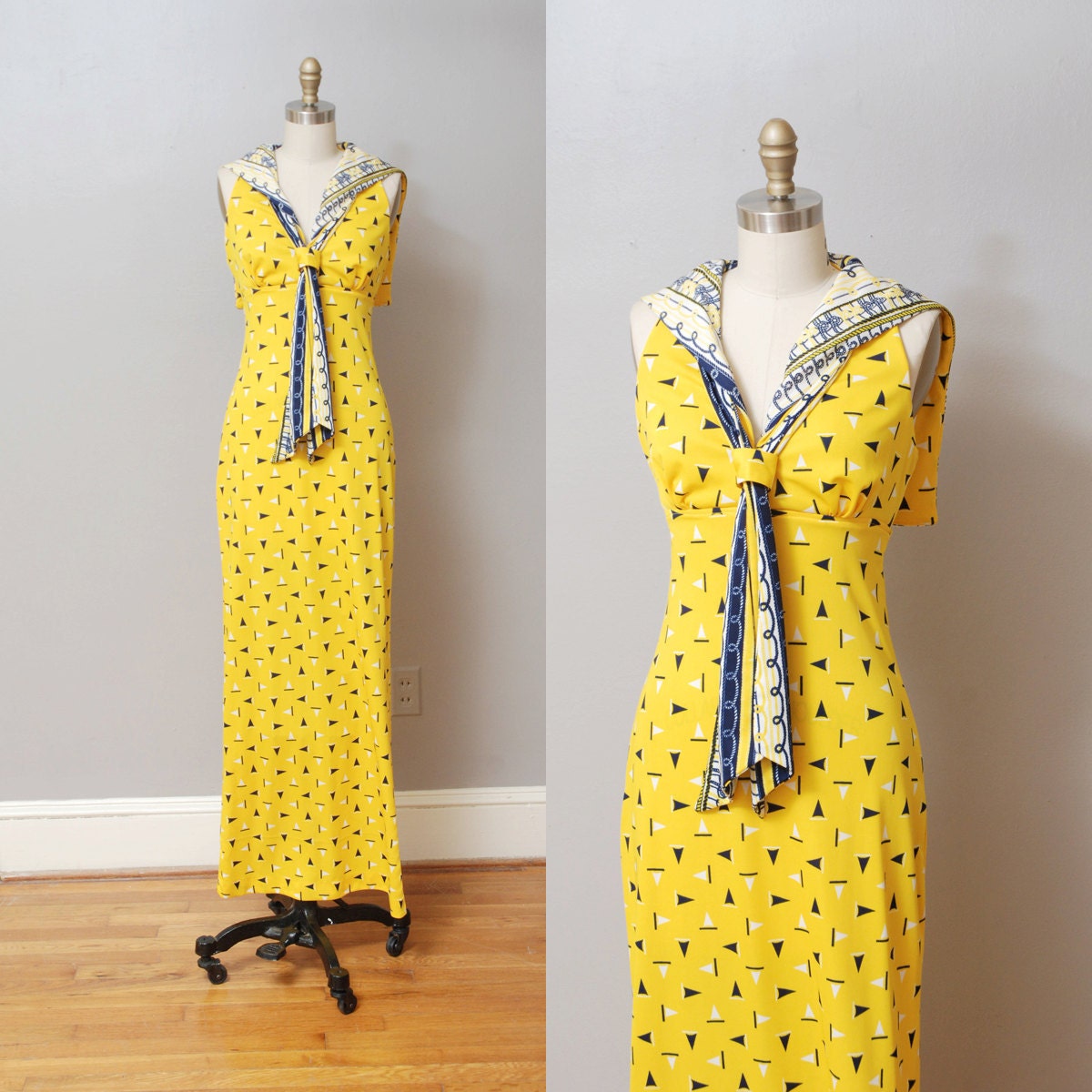 1960s Maxi Dress - Yellow Sailor Ascot Dress with Sailboats