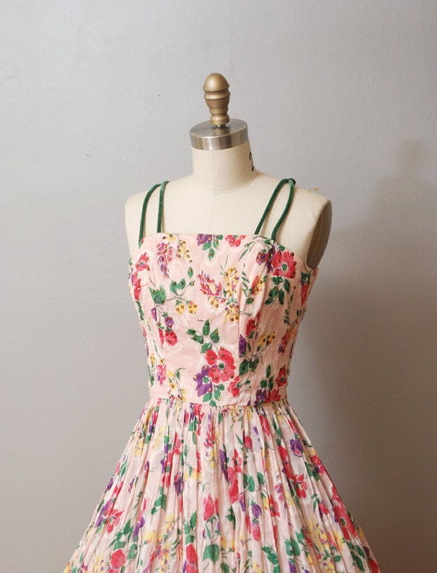 1950s Dress - Floral Party Dress with Full Skirt