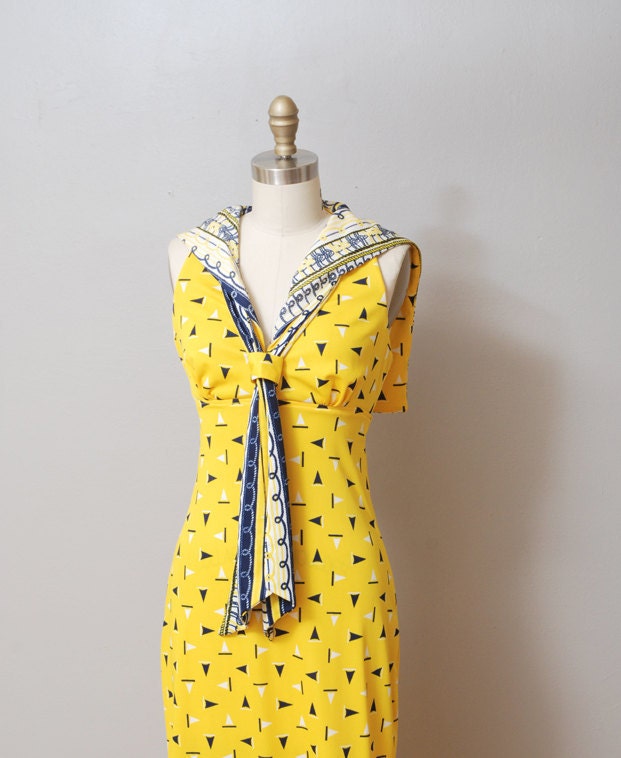 1960s Maxi Dress - Yellow Sailor Ascot Dress with Sailboats