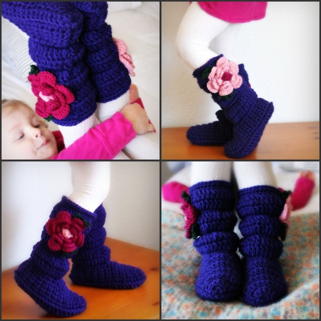 Kid's cozies- hollydoll cozy boots for toddlers- bright, deep blue with pink flowers- toddler size 8-9 READY TO SHIP