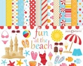 Beach clipart and digital paper pack Fun At The Beach instant download DK001