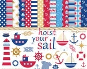 Nautical clipart and digital papers pack Hoist Your Sail instant download DK002