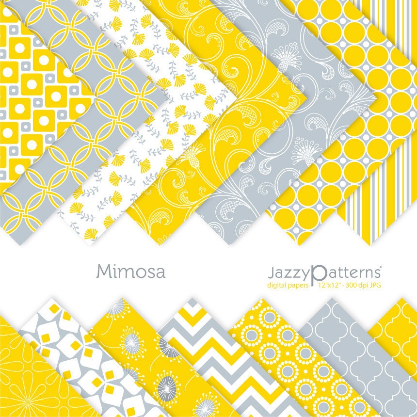 Yellow grey digital paper pack for scrapbooking Mimosa DP084 instant download
