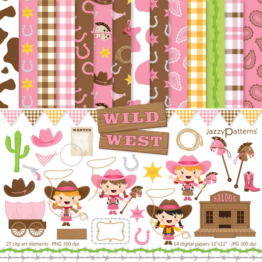 Girly Wild West clip art and digital paper pack DK009 instant download