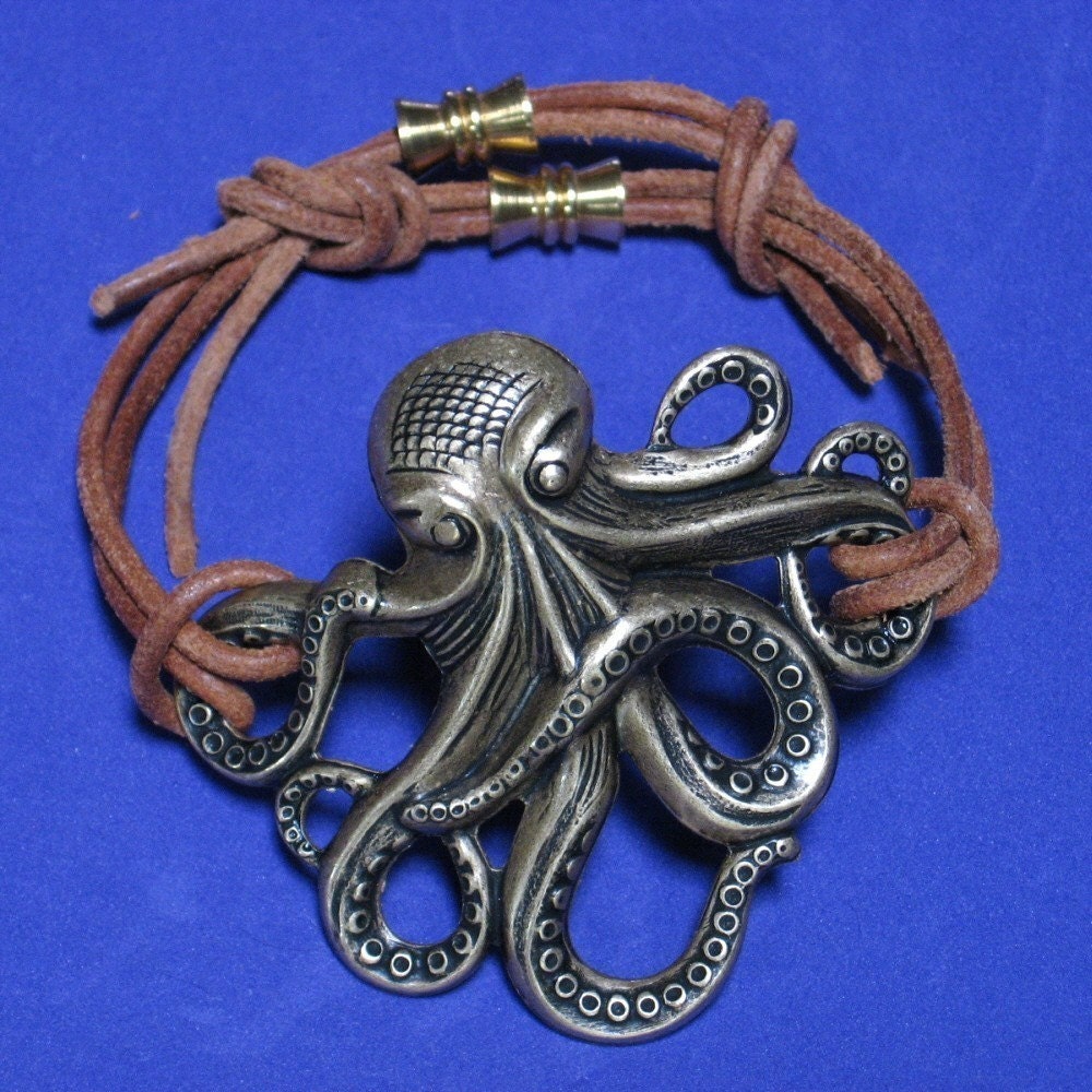 OCTOPUS Hockey Time / Adjustable Custom sizes Blk. or Brwn. Leather Slipknot Bracelet / Creature Won't Spin to the Bottom of Your Wrist