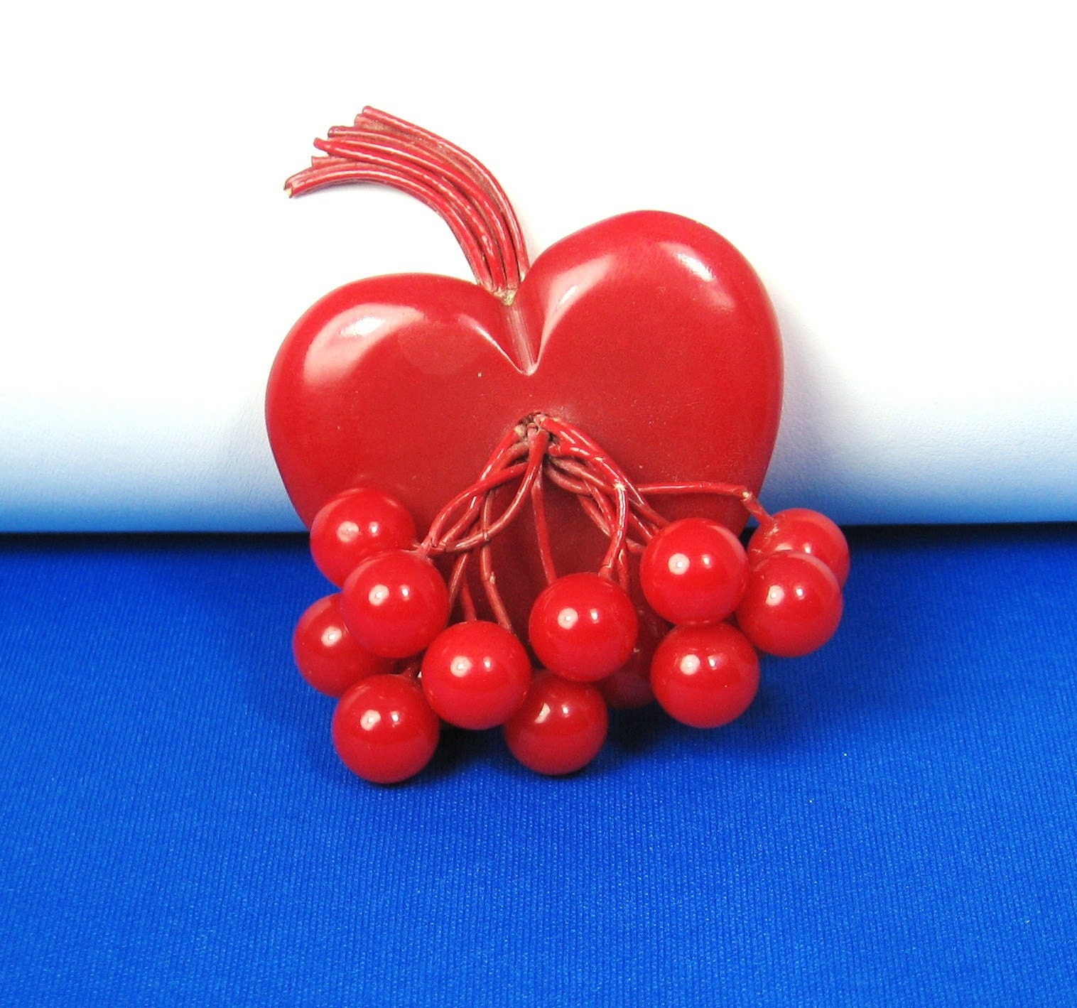 Vintage Red Bakelite Heart Pin with 14 Red Cherries