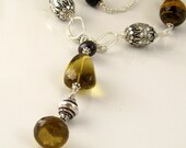 Black and Tan Sterling Silver Statement Necklace with Tiger Eye, Olive Quartz, Beer Quartz, Thai Hilltribe Silver