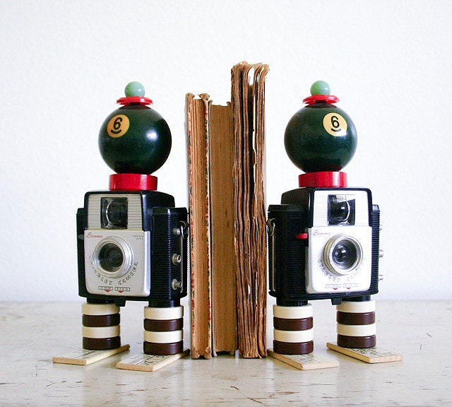 Vintage Camera Bookends - Found Objects Art Assemblage - Recycled Vintage Parts