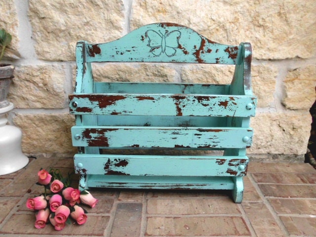 Shabby AQUA - Upcycled - Vintage - Retro - Kitschy Cottage CHIC - Wooden Magazine Rack - Holder - Butterflies