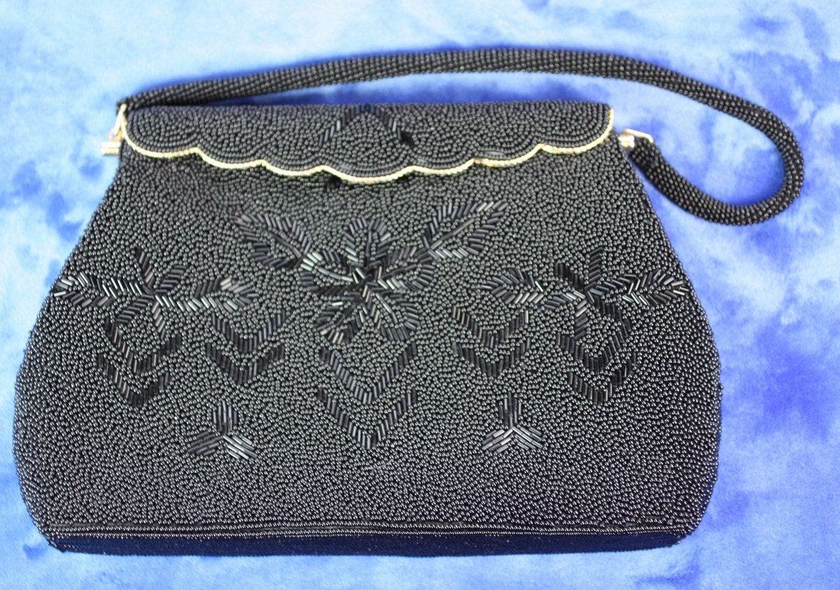 Vintage Evening Handbag  Black Beaded Made in Hong Kong