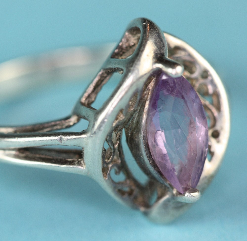 Vintage Amethyst Ring with Sterling Filigree Sz 7 1/4 Signed Avon