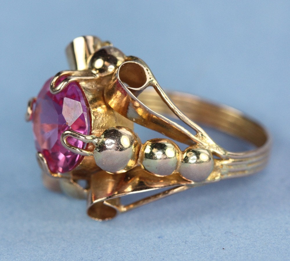 ART DECO/RETRO MODERNE 14K Gold and Pink Synthetic Spinel Ring
