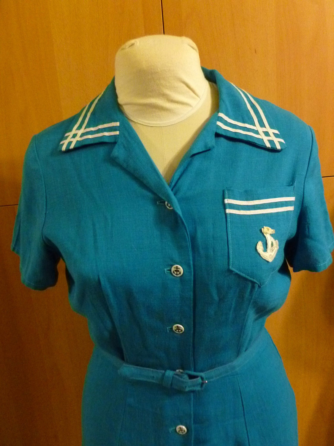 Vintage Nautical Theme 1950s Linen Dress