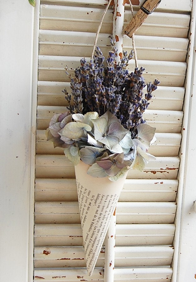 French Book Cone Vintage with Dried French Lavender and Hydrangea