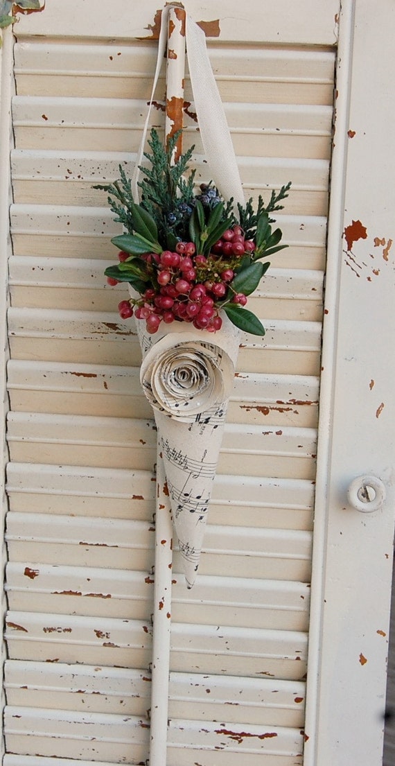 Holiday Paper Cone with Preserved Greens and Berries