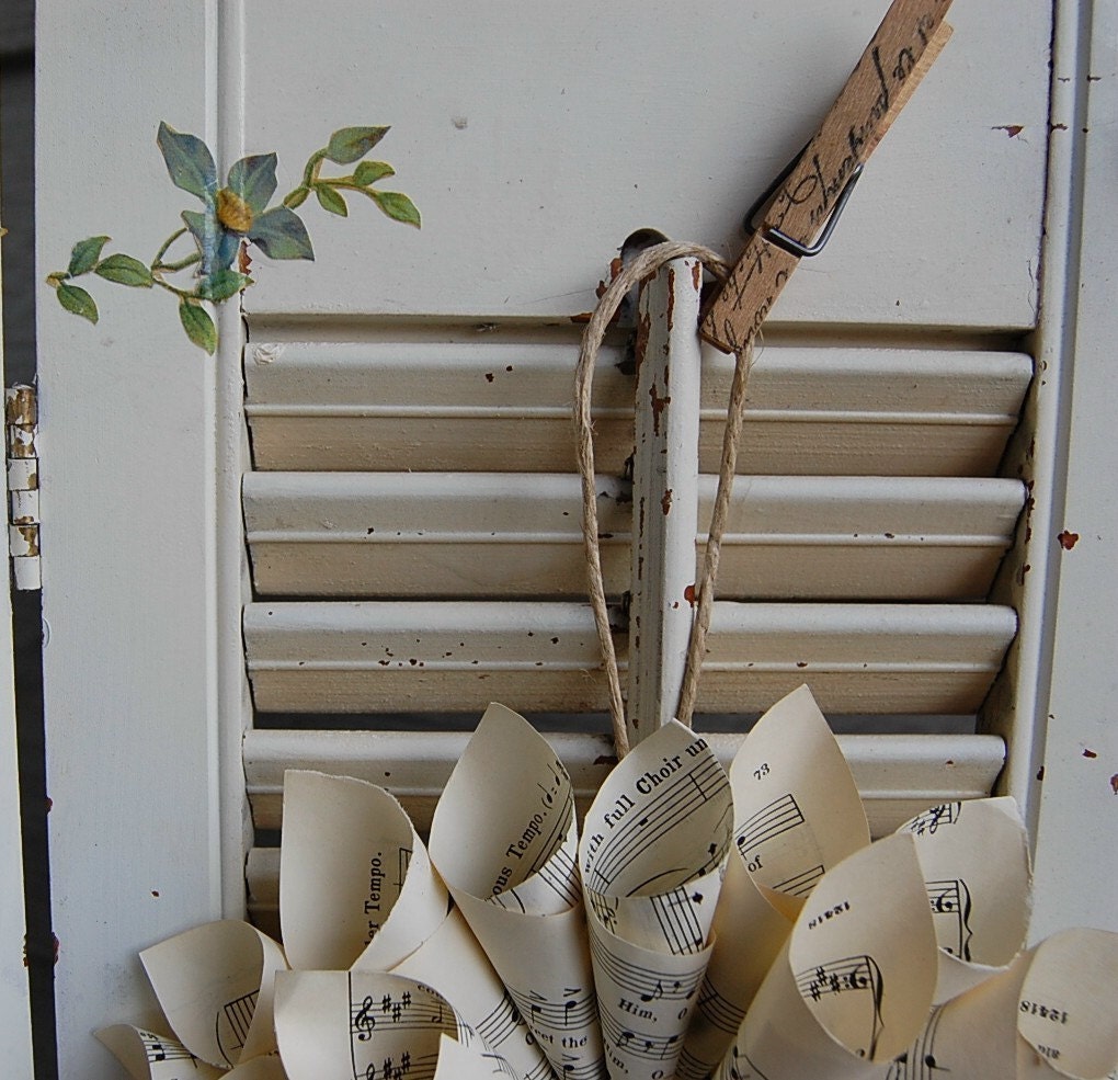 Vintage Paper Sheet Music Cone  Wreath with Stamped  Clotehspin